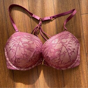 Victoria's Secret Bombshell Add 2 Cups Halter Padded Lace Bra Burgundy